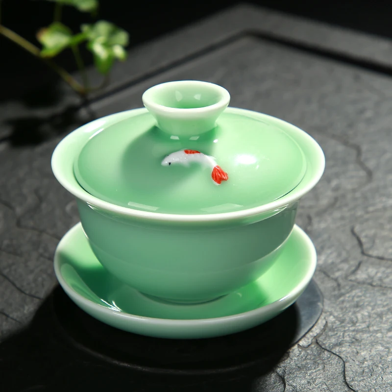 Celadon tea set cover bowl teapot fish cup set Longquan celadon color carp tea set accessories