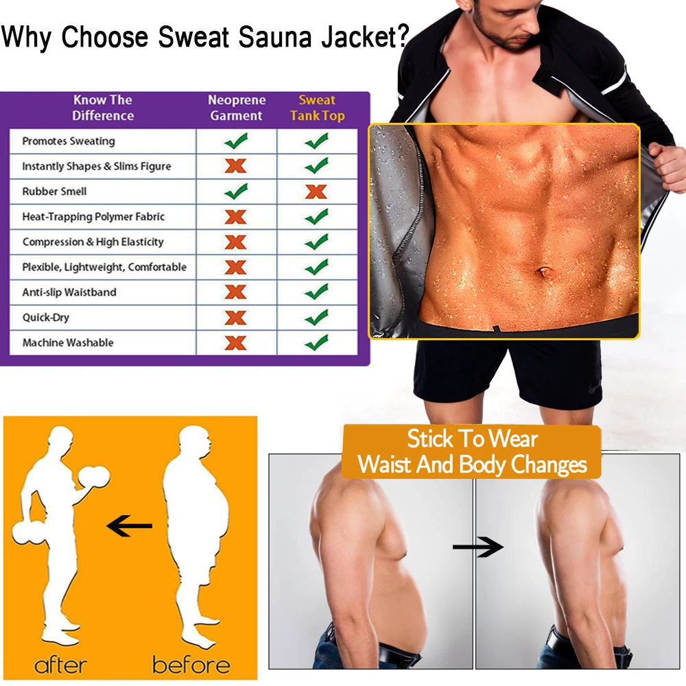 LAZAWG Men Waist Trainer Tops Hot Sauna Slimming Corset Body Shaper Weight Loss Zipper Sweat Top Fitness Workout Shirt Shapers