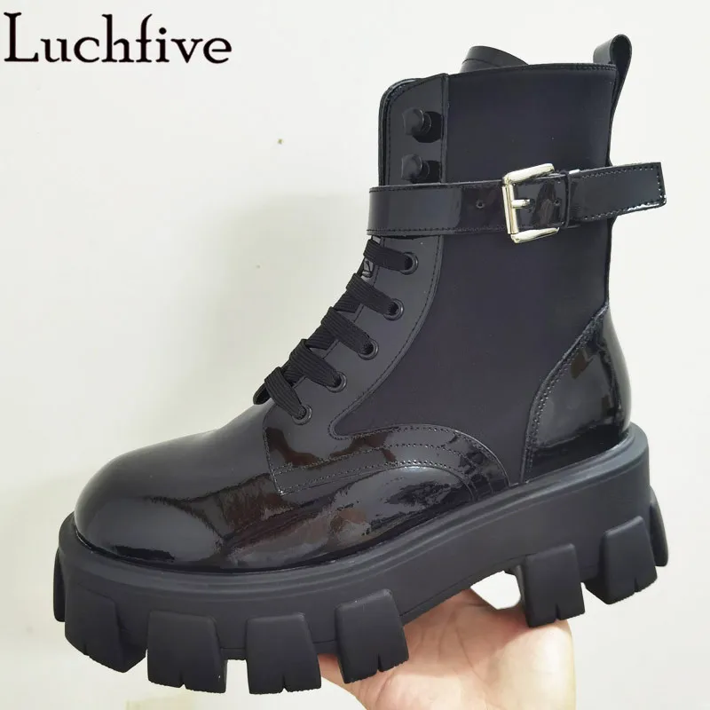 

Fashion Motorcycle Boots Women Genuine Leather Lace up Ankle Boots Thick sole Platform Punk Boots Black Military Shoes Winter