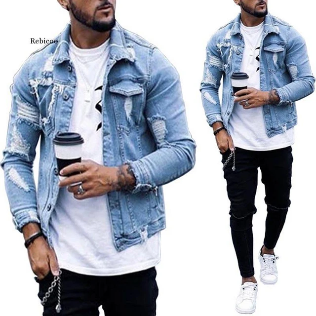 Men hole stylish long sleeve denim jacket deals