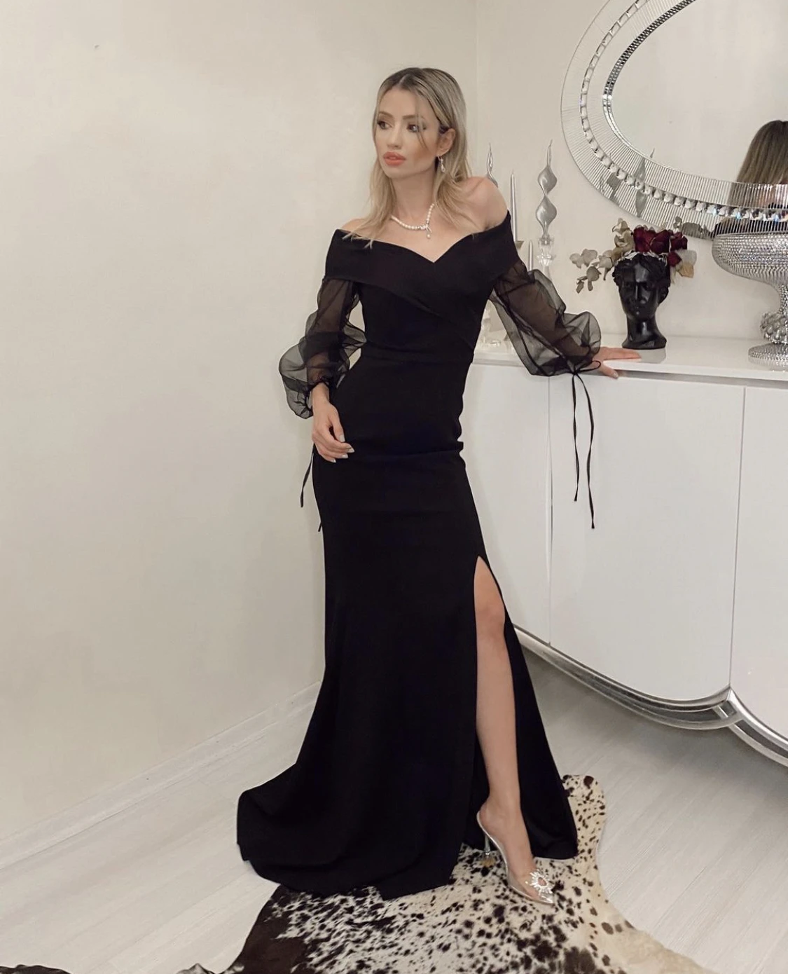 Black Evening Dress Mermaid Off Shoulder V-Neck Full Sleeve Floor Length Sweep Train Elegant Women Formal Party Prom Gown New