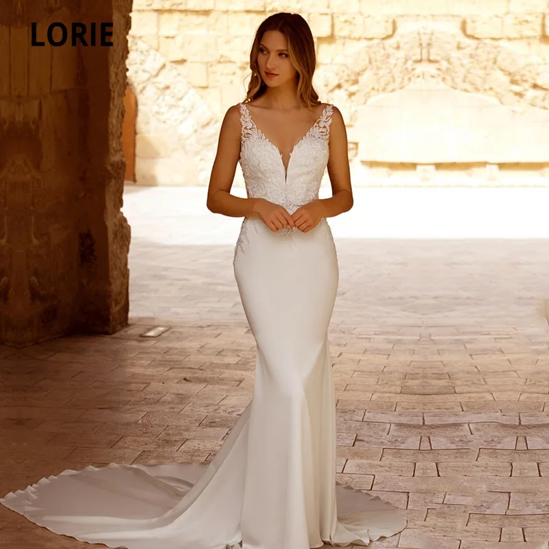 

LORIE Boho Wedding Dresses V-Neck Lace Appliques Stretchy Chiffon White Backless Mermaid Country Bridal Gown suknia ślubna