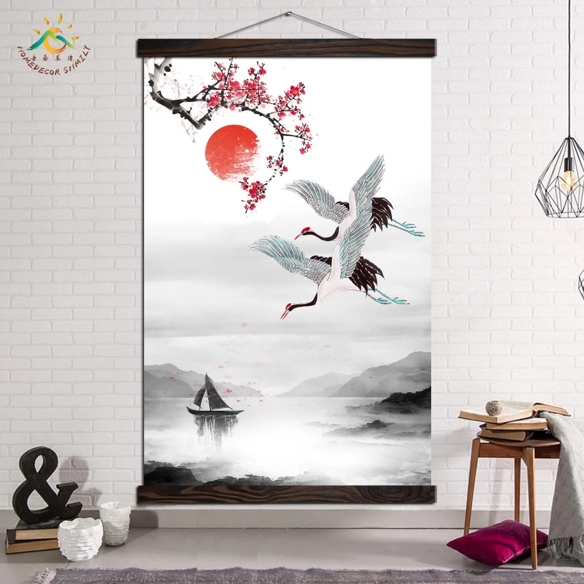 

Modern Art Wall Art Posters and Prints Canvas Painting Decoration Pictures Red Sun Crowned Crane Ink Landscape for Living Room