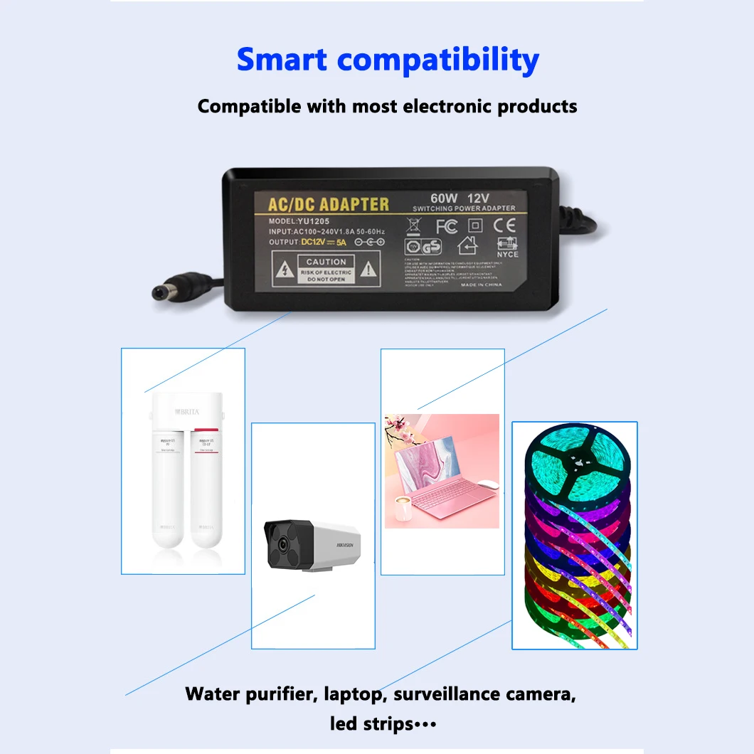 Power Supply 12V Power Adapter 220V 12V 5A 5.5*2.1~2.5mm Female Connector Transformer For Led Strip Light WS2811 WS2815