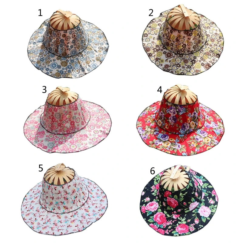 Bamboo Foldable Hand Fan Sun Hat Women Sunhat Hat with 2 in 1 Foldable Chinese Style Bamboo Frame Floral Printed