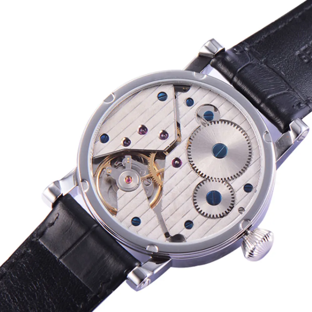 Parnis 42mm GMT hand-winding Men\'s wristwatch Moon Phase indictor white dial leather strap waterproof 60