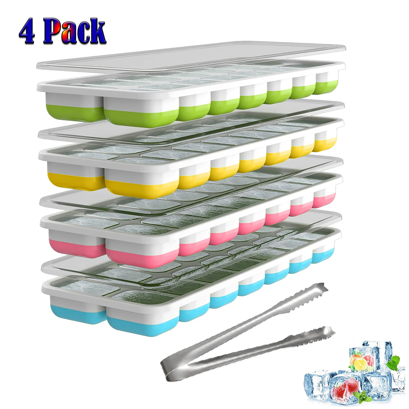 

Kitchen Ice Cube Trays with Lids, 4 Pack, Easy Release Silicone and Flexible, 14-Ice Trays with Removable Lid BPA Free Stackable