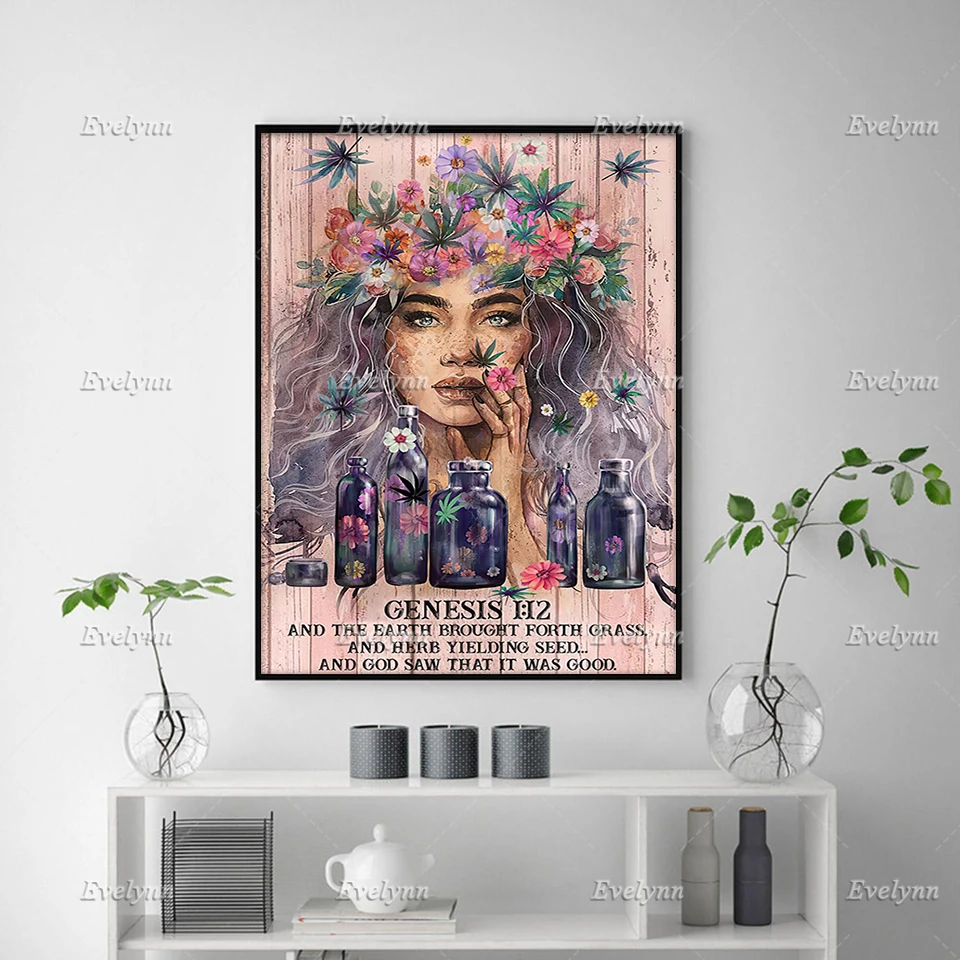 Hippie Flower Girl  Genesis 1 12 And The Earth Brought Forth Grass Poster Smoking Weed Girl Wall Art Prints Home Decor Canvas