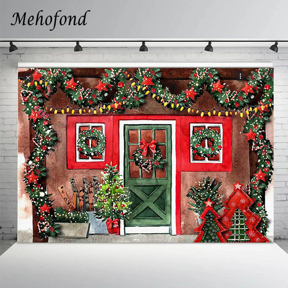 

Mehofond Hand Painted Christmas Photography Backdrops Store Shop Green Wreath Children Portrait Photo Background Studio Shooting