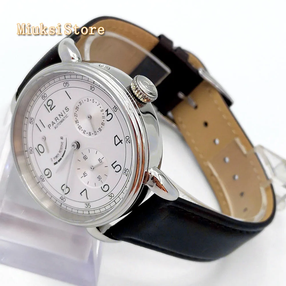New Parnis 42mm silver watch case date leather automatic movement men\'s luxury mechanical watch