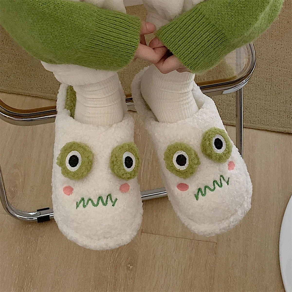 Thick Cotton Home Slippers Female Winter Ins Lovely Frog Animal Slipper Student Funny Cute Cartoon Plush Anti-skid Indoor Shoes