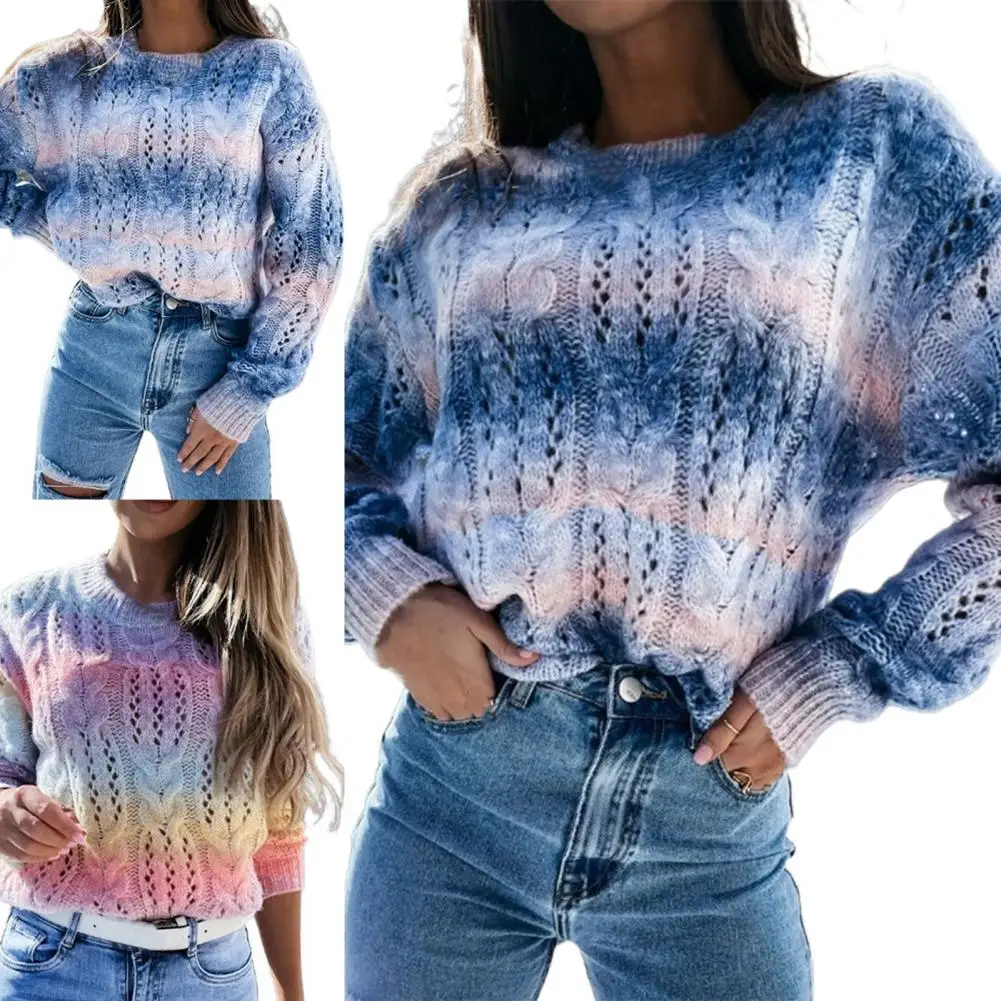 Drop Shipping Women Sweater Irregular Gradient Color Print Round Neck Autumn Winter Hollow Out Rainbow Sweater Pullover Streetwe