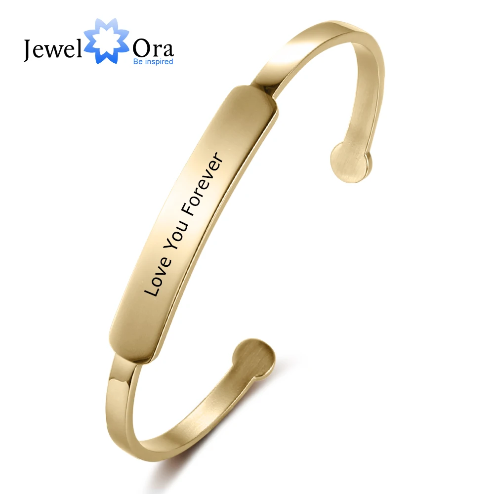 JewelOra Personalized Stainless Steel Cuff Bracelets for Women Personalized Engraving Name ID Bracelets Bangles Gifts Jewelry