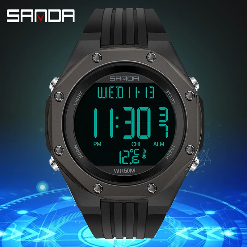 SANDA NEW Fashion Military Men\'s Watches Body Temperature Monitor 50M Waterproof Sports Watch LED Electronic Wristwatches 6028