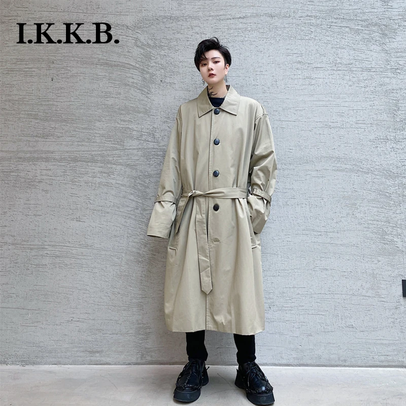 Hairstylist windbreaker men\'s Korean fashion mid long cool off the knee coat British style autumn ins couple coat