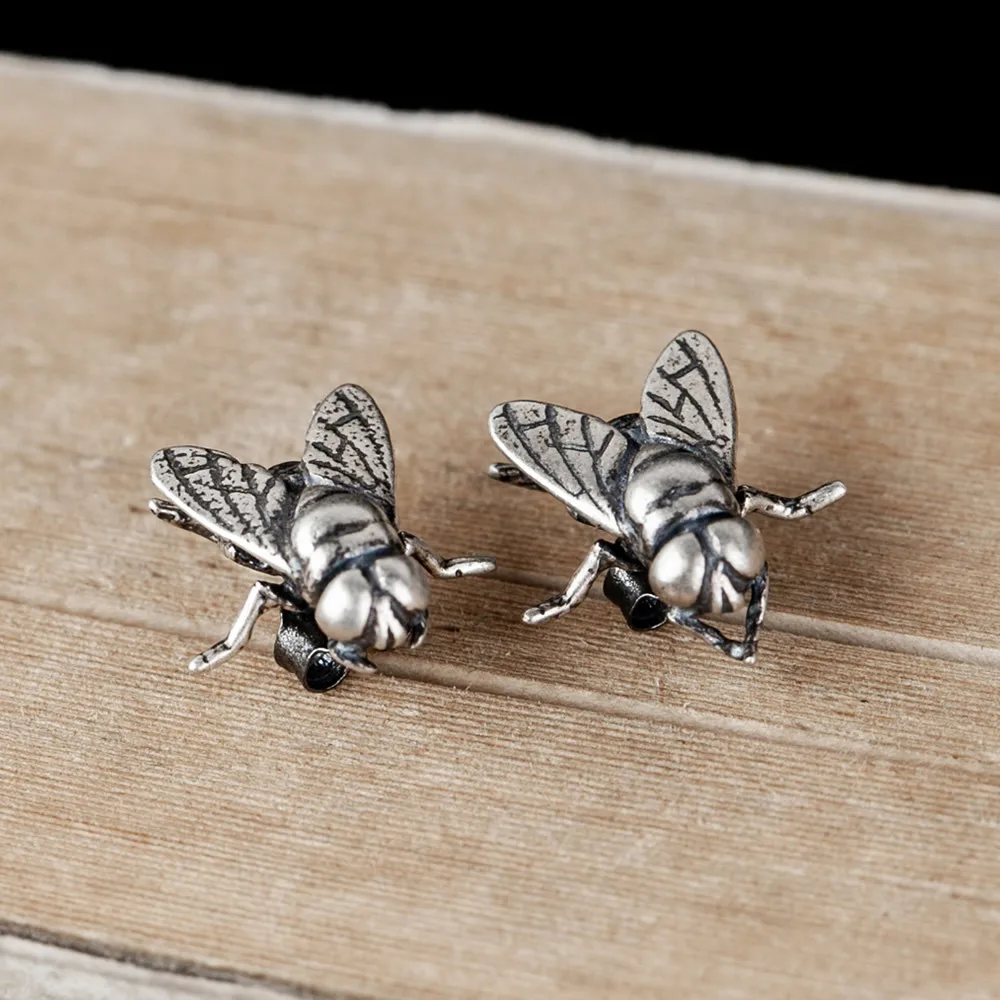 

Newest 100% Real 925 Sterling Silver Stud Earrings Insect Fly Earrings For Women Men Party Vintage Ear Jewelry Drop Shipping
