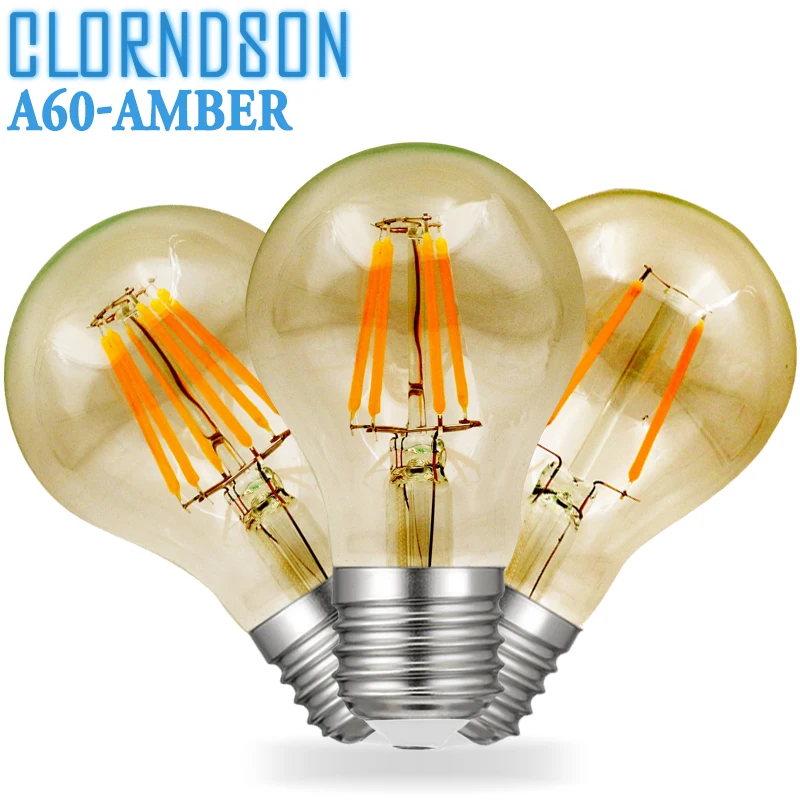 

CLORNDSON Dimmable Amber Glass A60 2W 4W 6W 8W Led E27 E26 Vintage Retro 110V 220V Filament Bulbs Chandelier Lighting Lamp