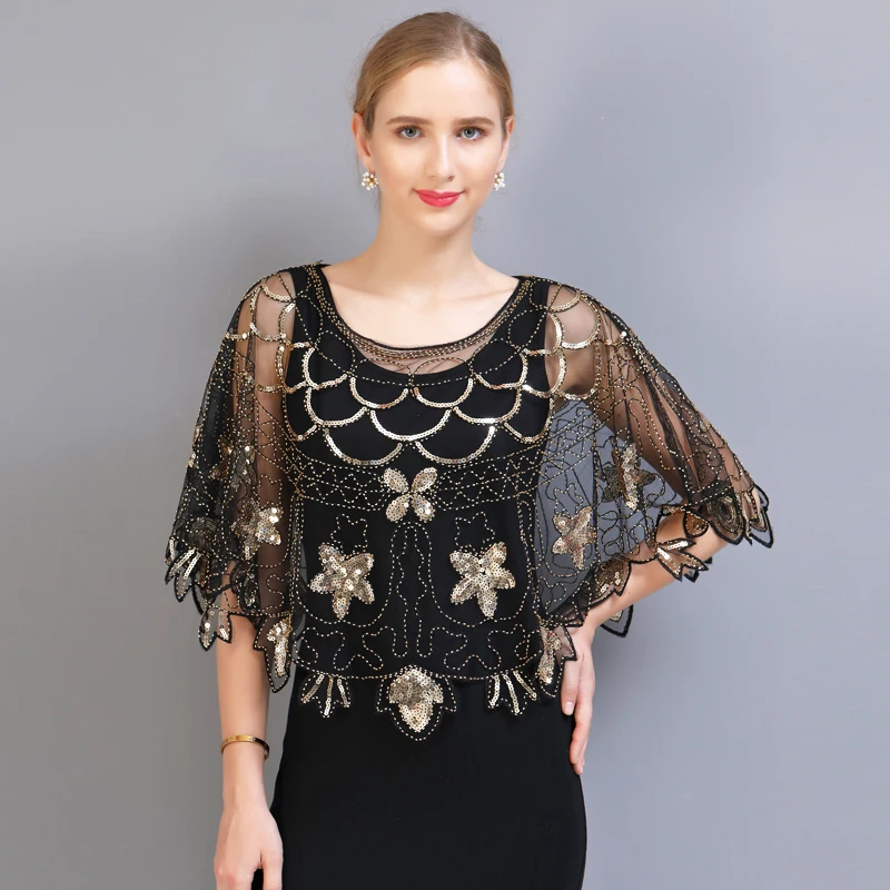 Women Vintage 1920s Shawl Wraps Sequin Beaded Evening Party Cape Bridal Shawls Bolero Flapper Cover Up