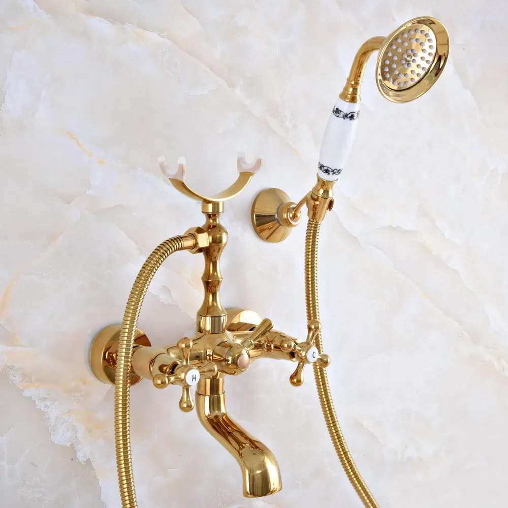 Luxury Golden Brass Double Handle Wall Mounted Bathroom Bath Tub Faucet Set with 1.5M Hand Held Shower Spray Mixer Tap 2na913