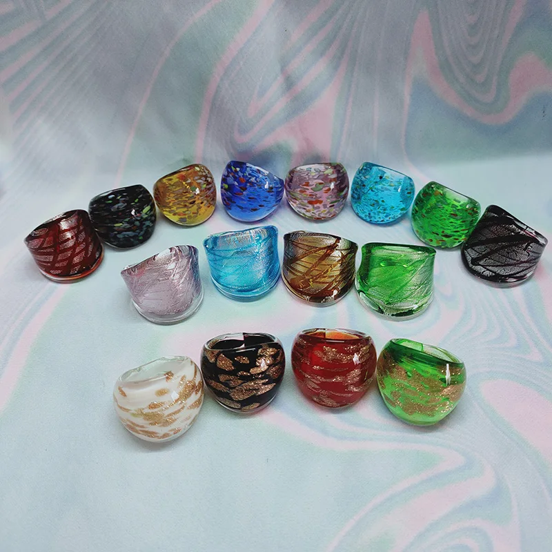 16PCS Mixed Vintage Murano Glass Lampwork Ring For Women Unisex Fashion Handmade Charm Finger Rings Jewelry Gifts Wholesale