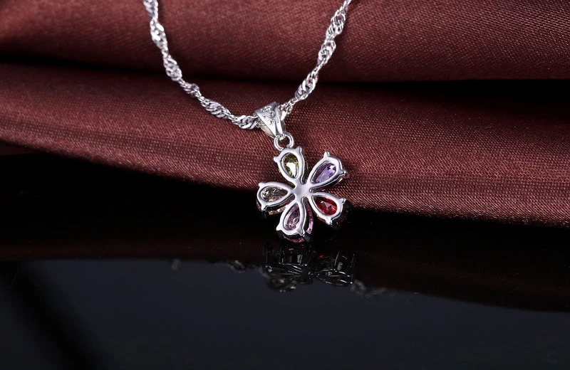 925 Sterling Silver Necklace Earrings Jewelry Sets for Women Female Gift Rainbow Colorful Cubic Zircon Flower Shining Pendants