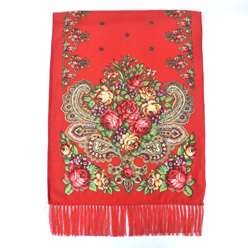 Russian Style Floral Print Scarf Female Retro Fringed Ukrainian Shawl Babushka Hijab Head Wraps Autumn Winter Lady Neck Kerchief