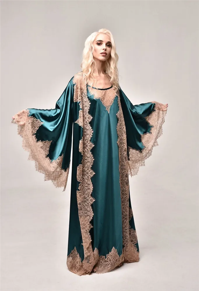 Lace & Satin Women Sleepwear Two Piece Floor Length Bathrobe Custom Made Long Sleeves Sleep Gowns