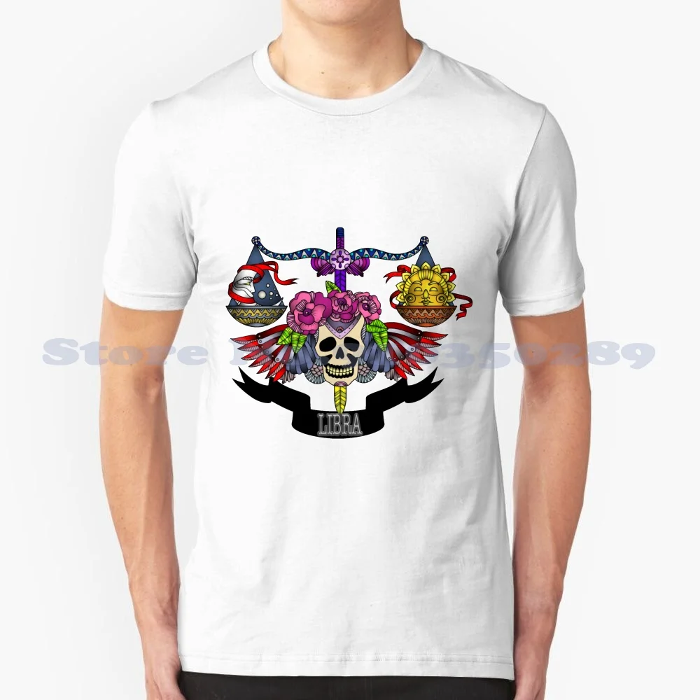 Fantasy Zodiac Libra 100% Cotton T-Shirt Zodiac Libra Scales Balance Fantasy Horoscope Sun Moon Skull Flowers Graphic Design