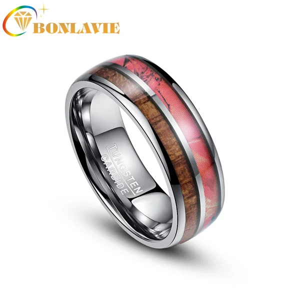 BONLAVIE Red Camouflage Locust Into Edge Tungsten Steel Ring Wide 8MM Men Rings 2.3MM Thick Tungsten Ring Fashion Jewelry