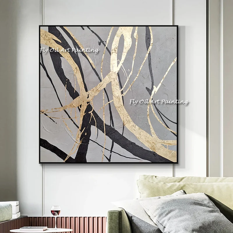 

The High Quality 100% Handmade Gold Gray Black Line Oil Painting Poster Wall Pictures for Home Decor Graph Thanksgiving Gift