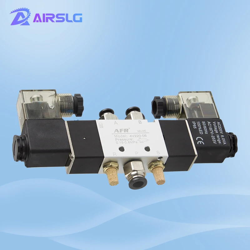 

4V220-08 Air Pneumatic Solenoid Valve 5 way 2 Position 1/4" Aluminum Alloy Internal E DC12V DC24V AC110V AC220V