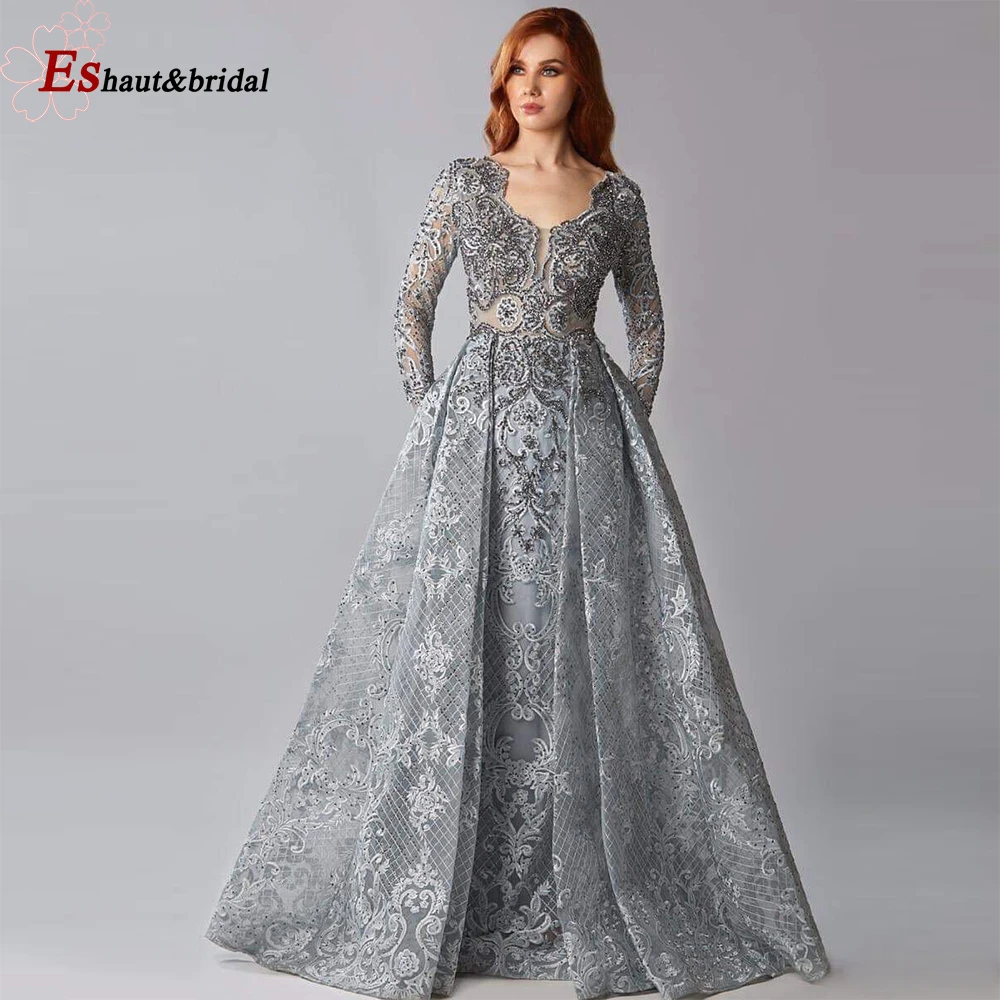 Elegant Dubai Evening Night Dress for Women 2023 Full Lace Long Sleeves Mermaid Crystal Arabic Formal Prom Wedding Party Gown