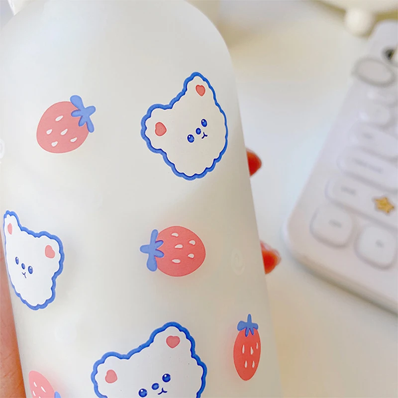 Cute Cartoon Strawberry Bear Glass Pacifier Water Bottle Straw Cup for Adult Children Milk Frosted Bottle Baby Feeding Bottles