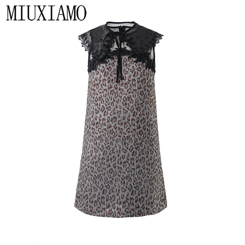 

MIUXIMAO 2020 Summer dress Party dress High Quality Leopard Jacquard weave Diamonds Elegant Casual Dress Women Vestidos