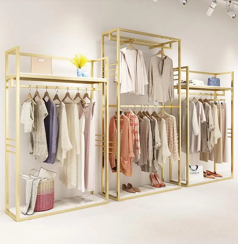 

Clothing store display rack floor type women's nano gold display shelf double high cabinet hanging clothes rack