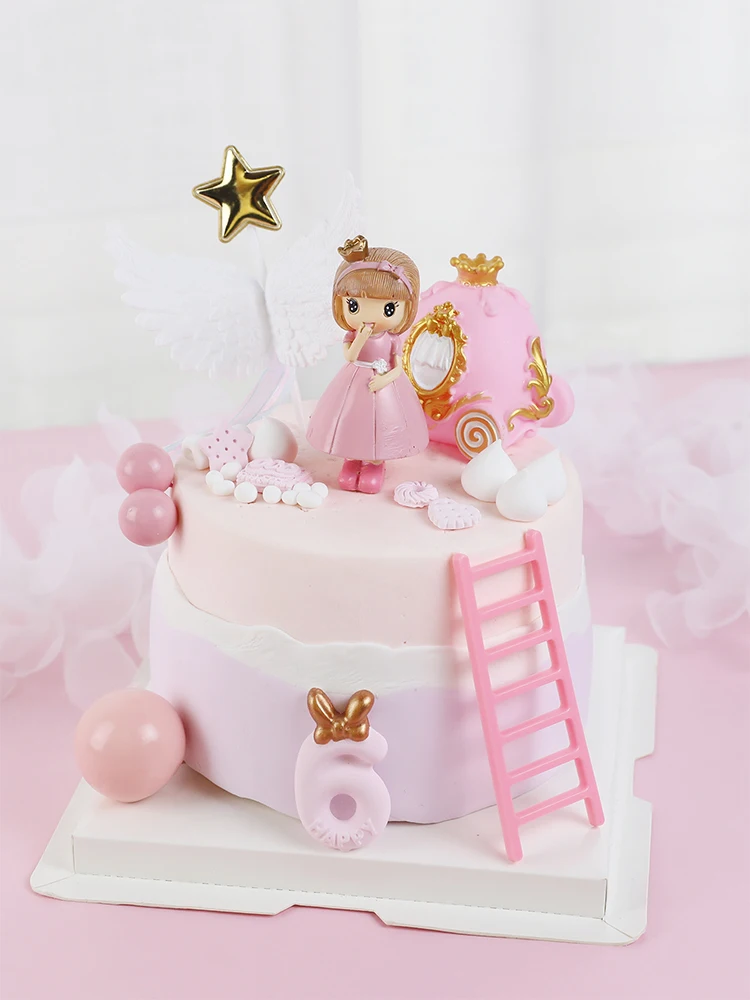 Pink Castle Girl Bow little Princess pumpkin car Girl's Happy Birthday Cake Topper Kid Party Supplies Pink Love Gifts view 5