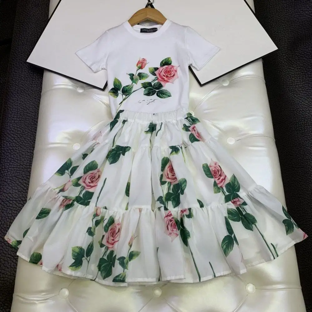 

2023 Fashion girls clothes sets cotton tops t shirt+Flower skirt 2pcs vintage summer kids dress suit children clothing outfits