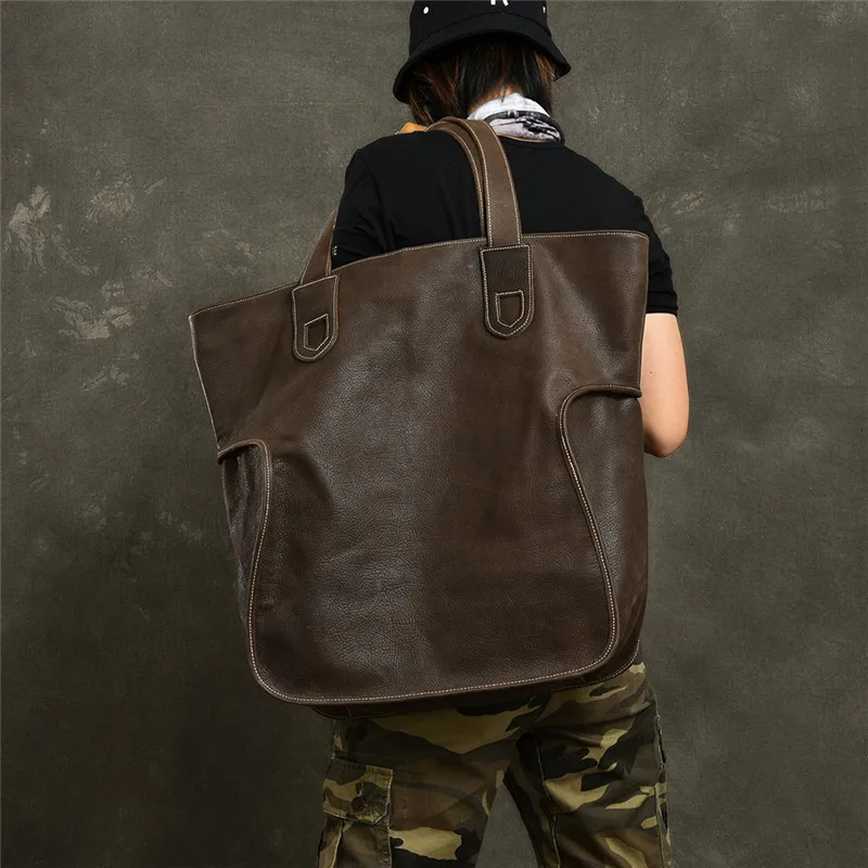 PNDME large capacity vintage genuine leather men\'s tote bag casual simple cowhide oversized shopping shoulder bag luxury handbag