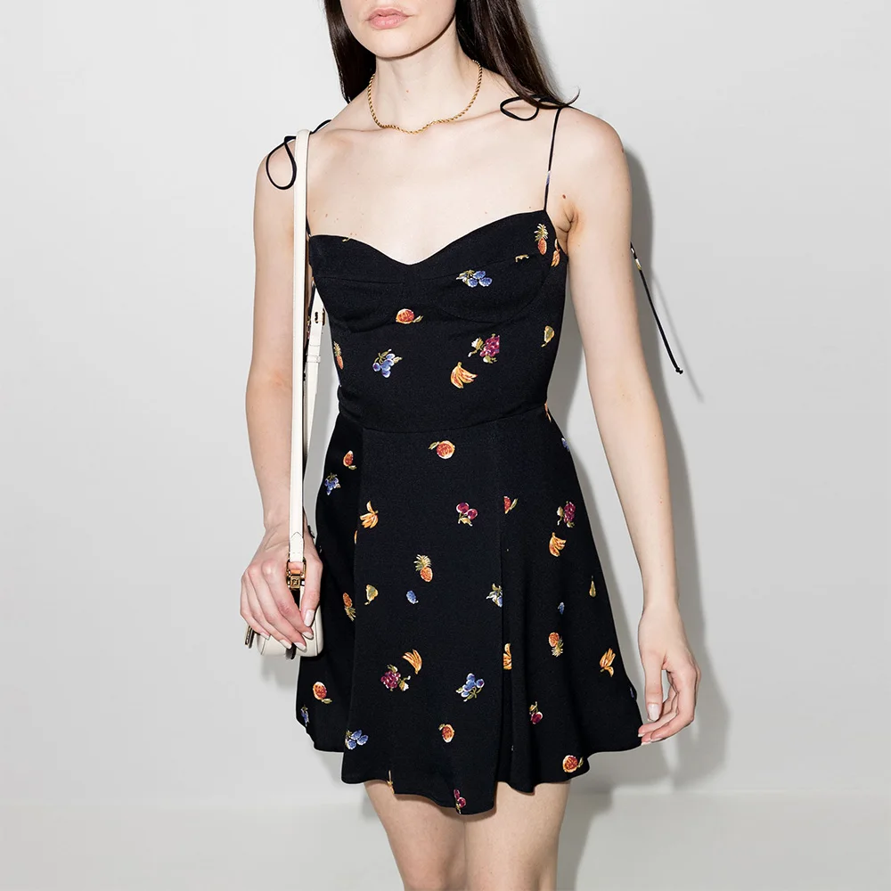 Fruit Print Summer Dress 2021 Women Clothing Sweetheart Neck Sleeveless Sexy Party Dress Tie Spaghetti Strap Black Mini Dress