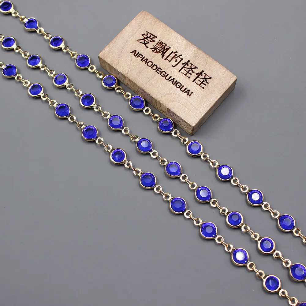 

APDGG 1 Meter 6mm Blue Crystal Gold Plated Copper Fashion Bezel Set Chain Paperclip Neck Chain Pearl Necklace Making DIY