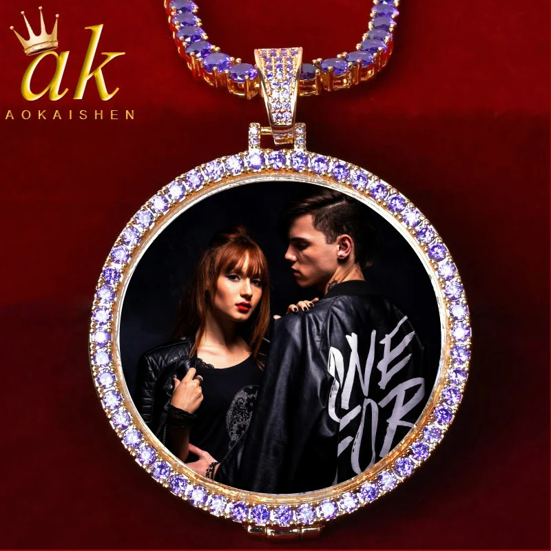 Aokaishen Purple Stones Custom Photo Necklace for Men Picture Medallions Cubic Zircon Hip Hop Rock Jewelry Iced Out 2022