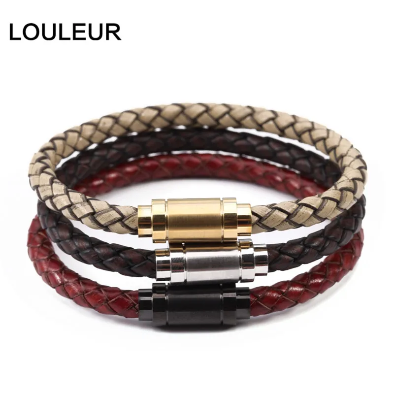 Louleur 2021Black Genuine Braided Leather Bracelet Men Women Stainless Steel Magnetic Clasp Male Bracelets Bangles Punk Jewelry