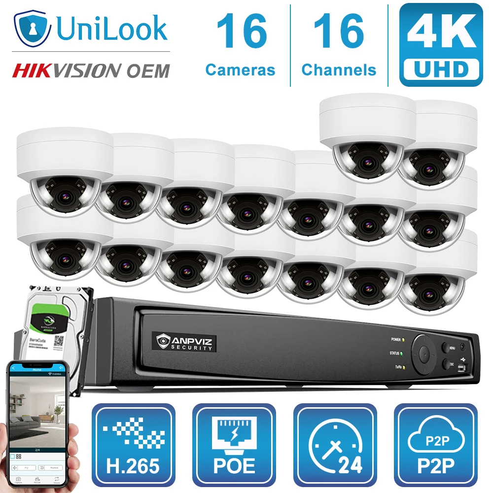 UnILook 16CH NVR 8/10/12/16 ชิ้น 4 พัน 8MP POE กล้อง IP NVR ที่กําหนดเองชุดระบบเสียง Night Vision H.265 P2P ดู OEM