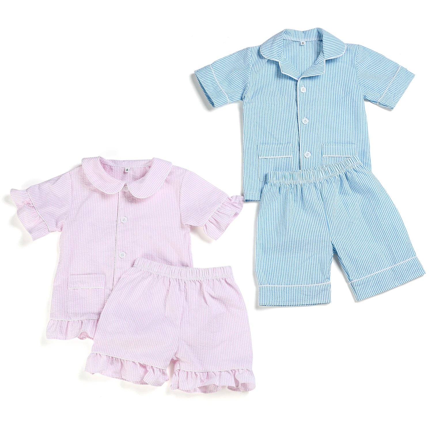 Groothandel 1-12 Jaar Kinderpyjama 100% Katoenen Plaid Seersucker Zachte Broer Of Zus Outfits Pjs Loungewear Baby Jongens Meisjes Pyjamasets