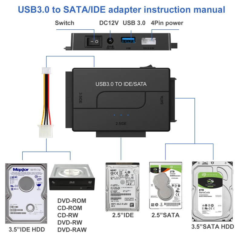 Adaptador USB 3,0, convertidor de Cable para disco duro Universal de 2,5/3,5 pulgadas, SATA e IDE HDD/SSD de 2,5 pulgadas