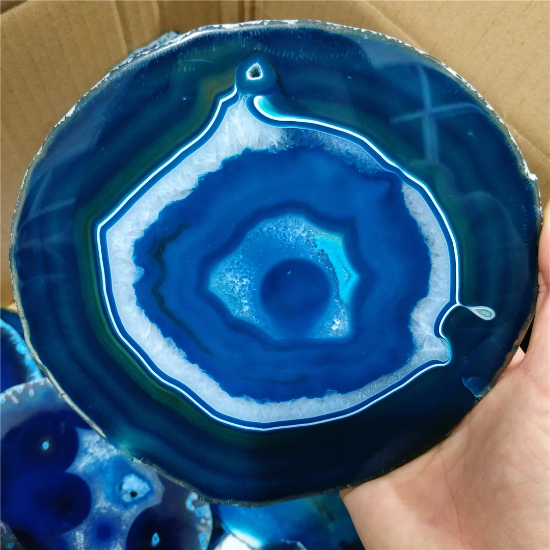 

13-15CM Natural Agate Stone Slice Blue Agate Dessert Coaster For Decoration