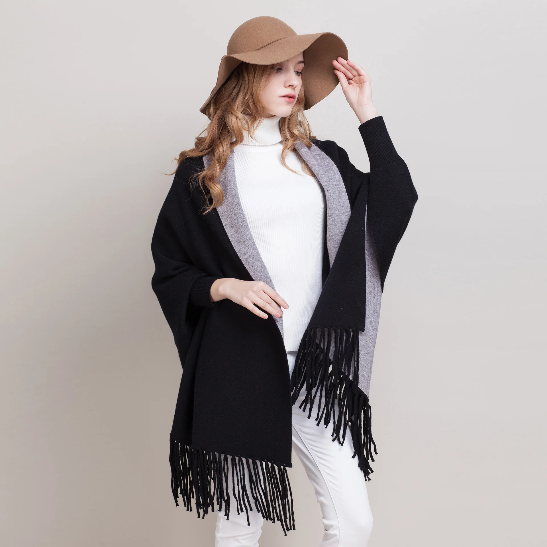 Women\'s Double Sided Color Tassel Knitted Shawl Wrap Plus Size Cardigan Poncho Cape Open Front Long Winter Sweater Coat Mujer