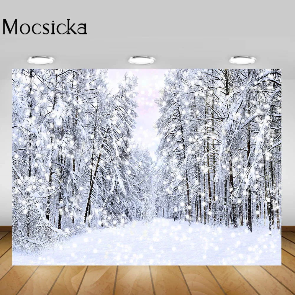 Mocsicka Winter Forest Photography Backdrop Snow Scene Snowfield Pine Tree Snowflake Photo Background for Photo Studio Photocall