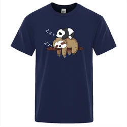 Panda Lying On A Sloth Cute Print Men Women Tee Shirt Oversized Cartoons Top Regular Sleeve Tee Shirts Cotton Casual T Shirt