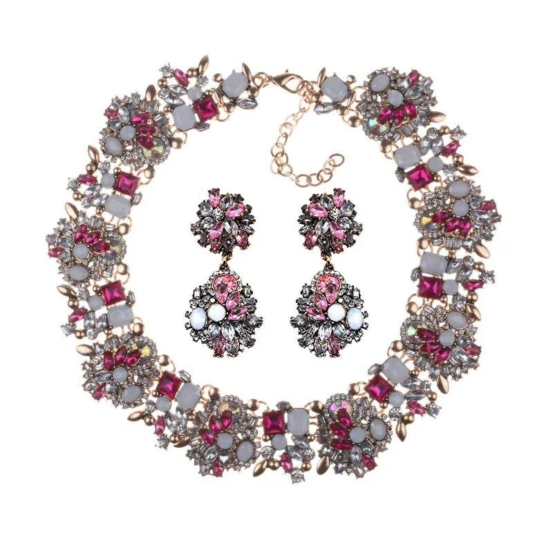 Luxury Crystal Rhinestone Necklace Earrings Jewelry Sets Women Indian Statement Large Collar Choker Necklace Wedding Jewelry